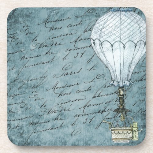 Dusk Blue Hot Air Balloon Steampunk Handwriting Beverage Coaster