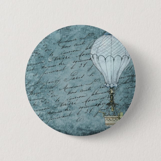Dusk Blue Hot Air Balloon Steampunk Handwriting Button (Front)
