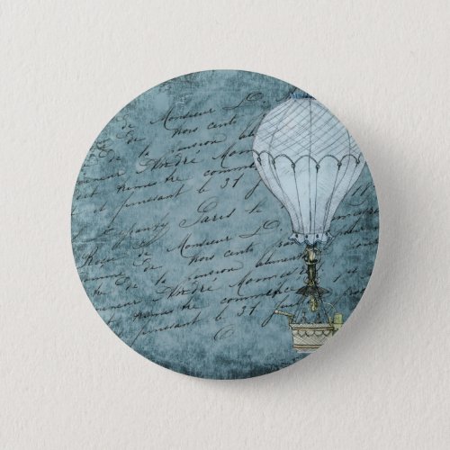 Dusk Blue Hot Air Balloon Steampunk Handwriting Button