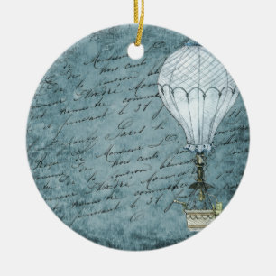 Dusk Blue Hot Air Balloon Steampunk Handwriting Ceramic Ornament