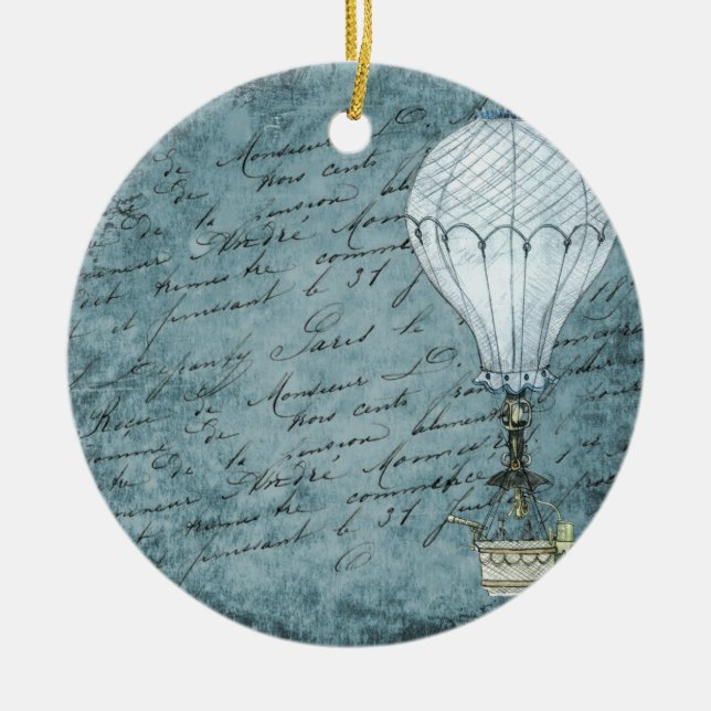 Dusk Blue Hot Air Balloon Steampunk Handwriting Ceramic Ornament (Front)
