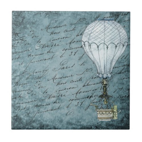 Dusk Blue Hot Air Balloon Steampunk Handwriting Ceramic Tile