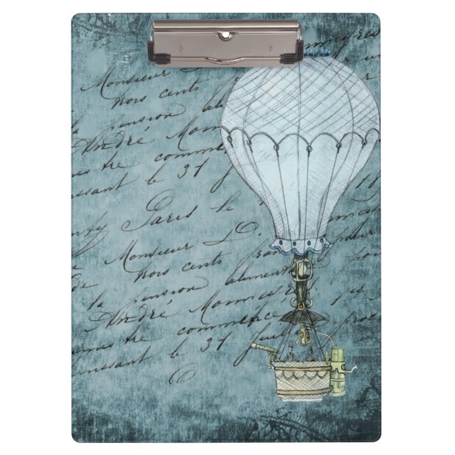 Dusk Blue Hot Air Balloon Steampunk Handwriting Clipboard (Front)
