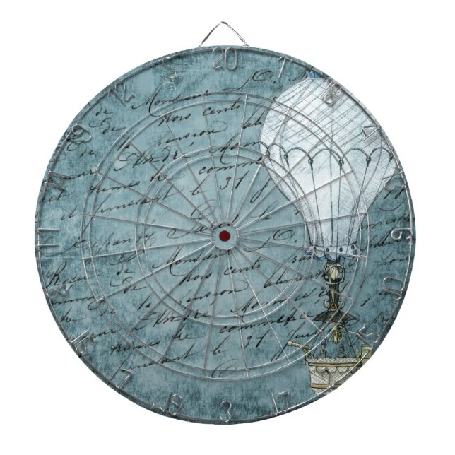 Dusk Blue Hot Air Balloon Steampunk Handwriting Dartboard With Darts (Front)