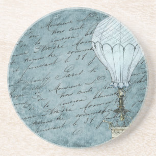 Dusk Blue Hot Air Balloon Steampunk Handwriting Drink Coaster