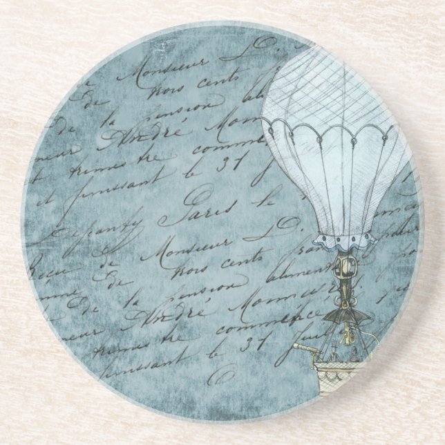 Dusk Blue Hot Air Balloon Steampunk Handwriting Drink Coaster (Front)