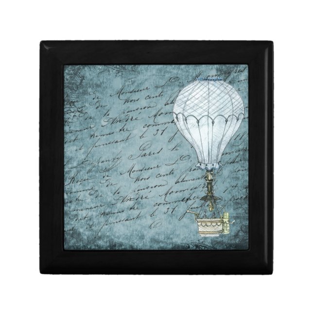 Dusk Blue Hot Air Balloon Steampunk Handwriting Gift Box (Front)