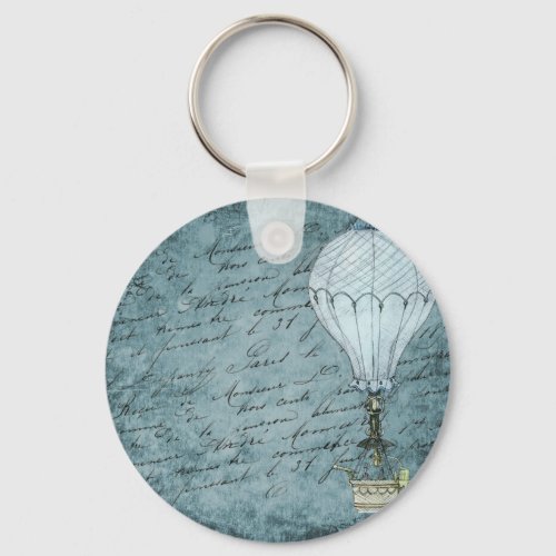 Dusk Blue Hot Air Balloon Steampunk Handwriting Keychain