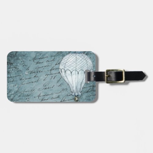 Dusk Blue Hot Air Balloon Steampunk Handwriting Luggage Tag