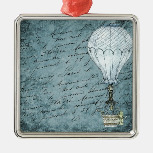 Dusk Blue Hot Air Balloon Steampunk Handwriting Metal Ornament