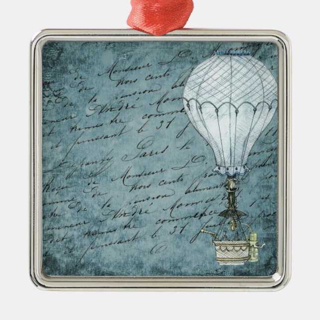 Dusk Blue Hot Air Balloon Steampunk Handwriting Metal Ornament (Front)