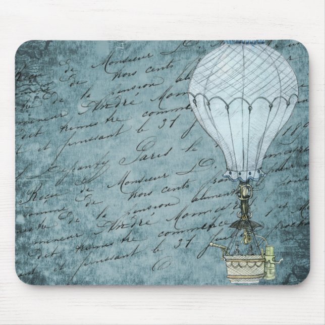 Dusk Blue Hot Air Balloon Steampunk Handwriting Mouse Pad (Front)