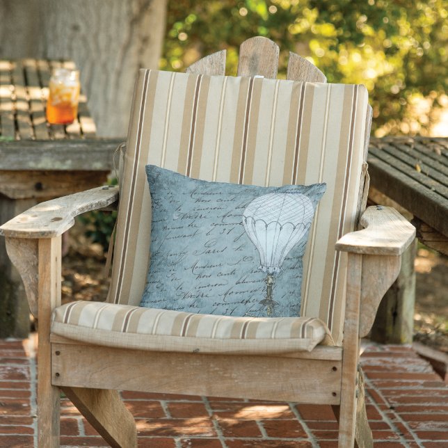 Dusk Blue Hot Air Balloon Steampunk Handwriting Outdoor Pillow (Creator Uploaded)