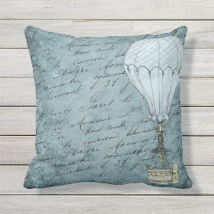 Dusk Blue Hot Air Balloon Steampunk Handwriting Outdoor Pillow