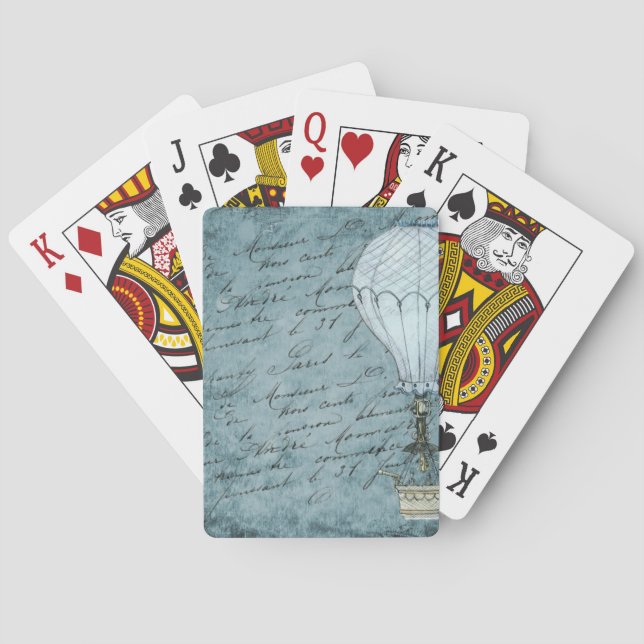 Dusk Blue Hot Air Balloon Steampunk Handwriting Poker Cards (Back)