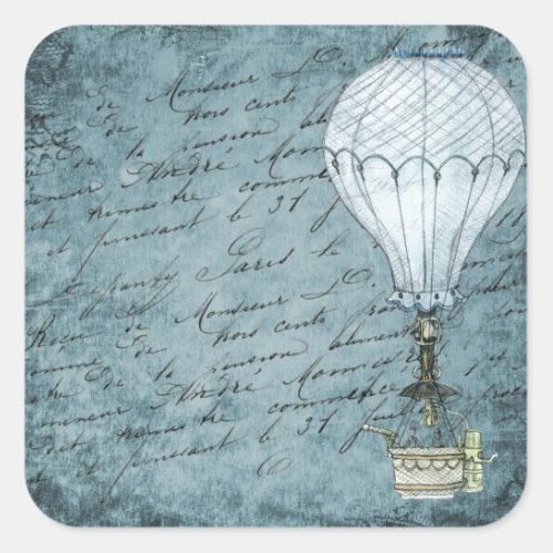 Dusk Blue Hot Air Balloon Steampunk Handwriting Square Sticker