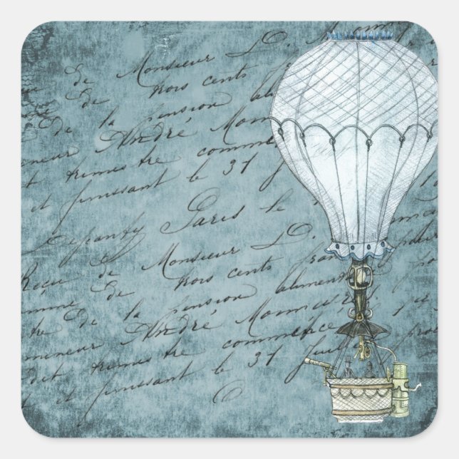 Dusk Blue Hot Air Balloon Steampunk Handwriting Square Sticker (Front)