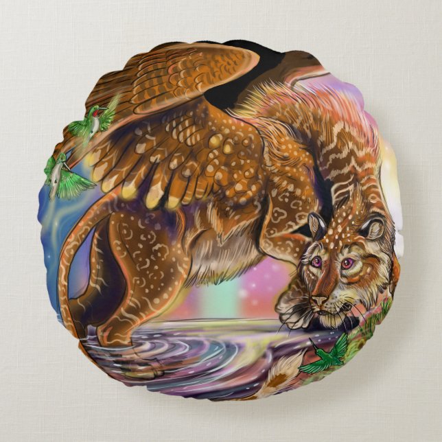Dusk Hunter Flying Cat Round Pillow (Front)