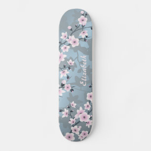 Dusk Pink Grayish Blue Cherry Blossom Monogram Skateboard