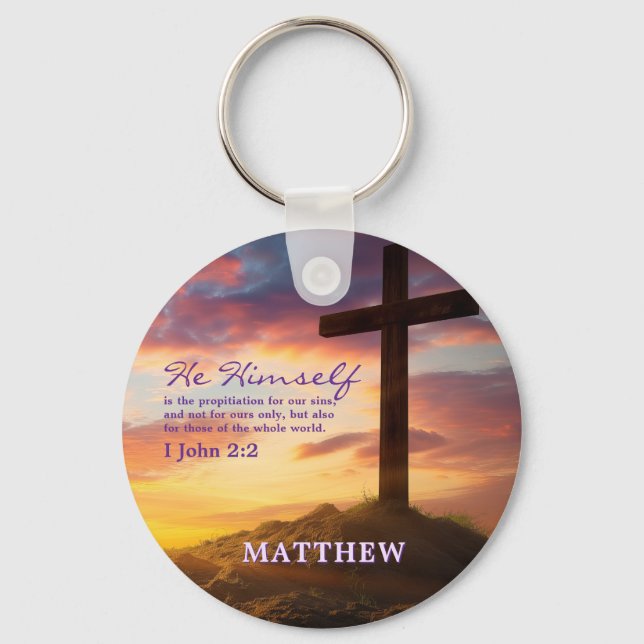 Dusk Silhouette Cross Bible Verse Personalized Keychain (Front)
