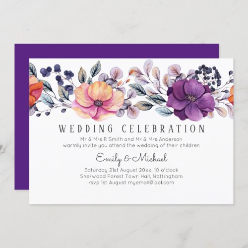 Dusk Till Dawn Purple Orange Floral Wedding Invitation