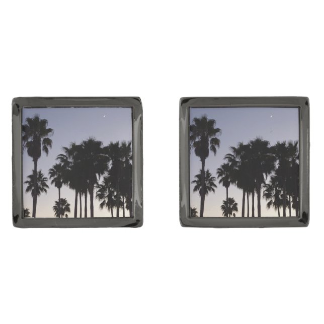Dusk with Palm Trees Tropical Scene Gunmetal Finish Cufflinks (Front)