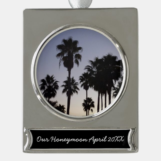 Dusk with Palm Trees Tropical Scene Silver Plated Banner Ornament (Front)