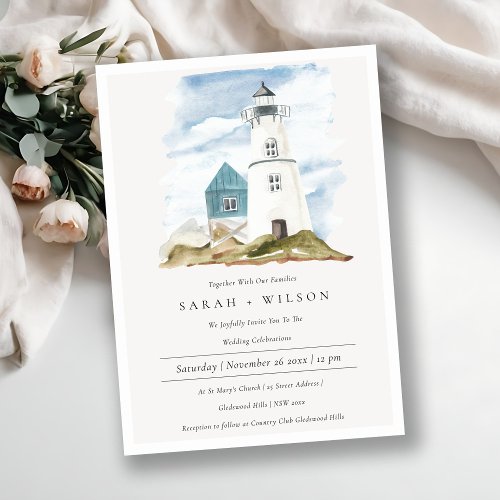 Dusky Aqua Blue Lighthouse Mountain Wedding Invite