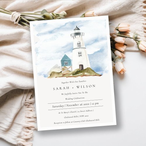 Dusky Aqua Blue Lighthouse Mountain Wedding Invite