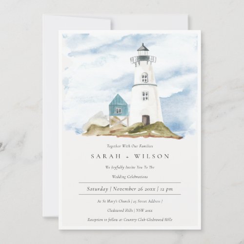 Dusky Aqua Blue Lighthouse Mountain Wedding Invite