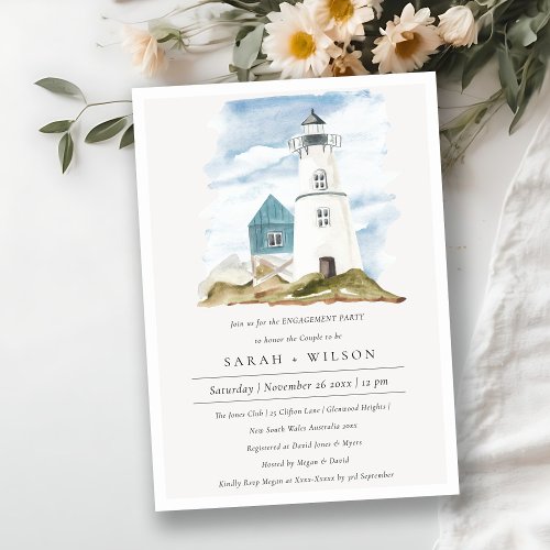 Dusky Aqua Lighthouse Mountains Engagement Invite