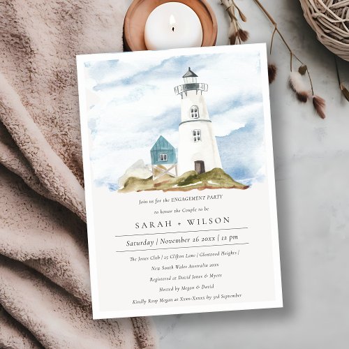 Dusky Aqua Lighthouse Mountains Engagement Invite