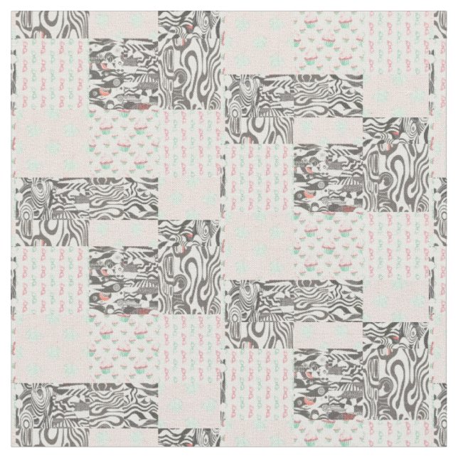 Dusky Black Gray, White, Red & Green Design Fabric (Close Up)