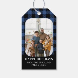 Dusky Blue Buffalo Check Photo Happy Holidays Gift Tags