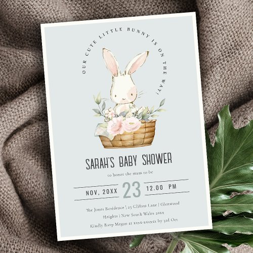 Dusky Blue Bunny In Floral Basket Baby Shower Invitation