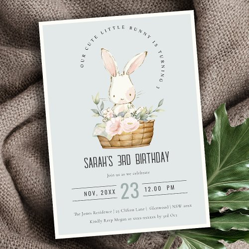 Dusky Blue Bunny In Floral Basket Kids Birthday Invitation