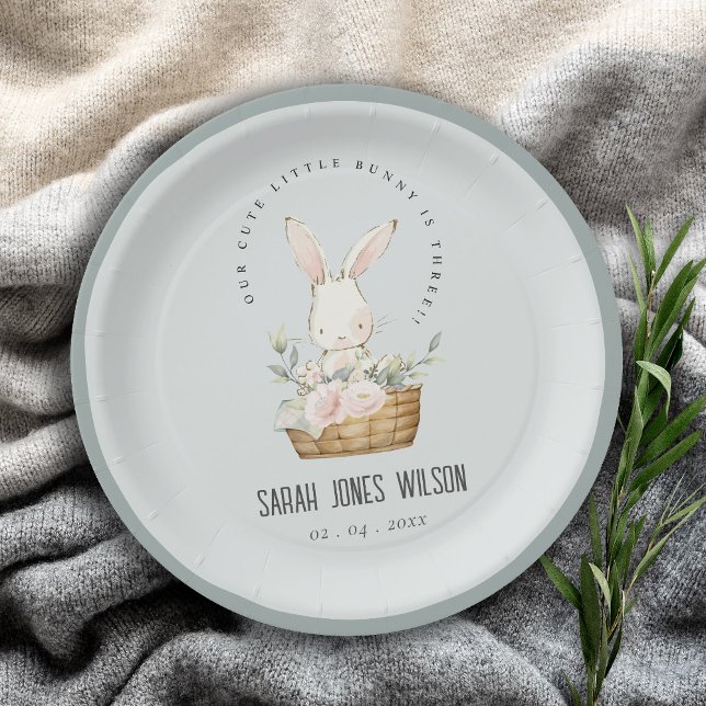 Dusky Blue Bunny In Floral Basket Kids Birthday Paper Plates (Creator Uploaded)