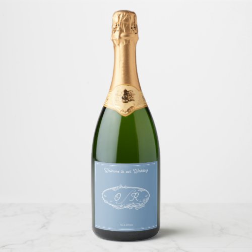 Dusky Blue Coastal Minimal Wedding Sparkling Wine Label