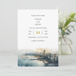 Dusky Blue Coastal Skyline City View Beach Wedding Invitation