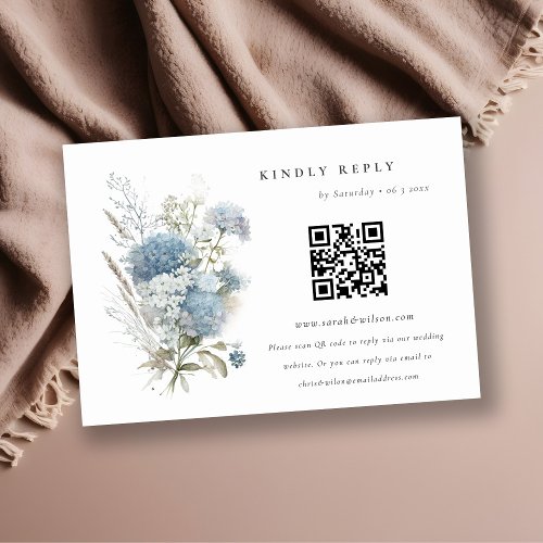 Dusky Blue Cottage Floral Wedding QR Code RSVP Enclosure Card