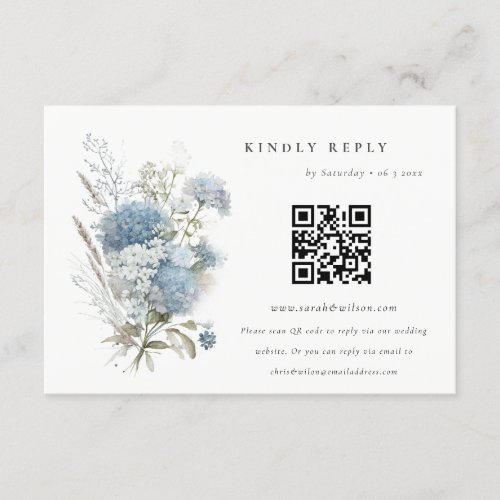 Dusky Blue Cottage Floral Wedding QR Code RSVP Enclosure Card