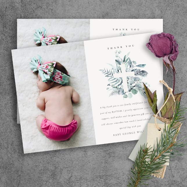 Dusky Blue Eucalyptus Fauna Cross Photo Baptism Thank You Card (Creator Uploaded)