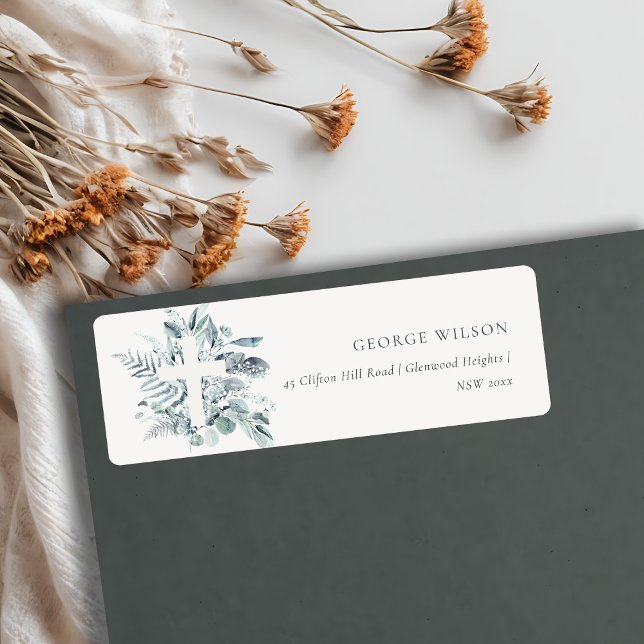 Dusky Blue Eucalyptus Fern Foliage Cross Address Label (Creator Uploaded)
