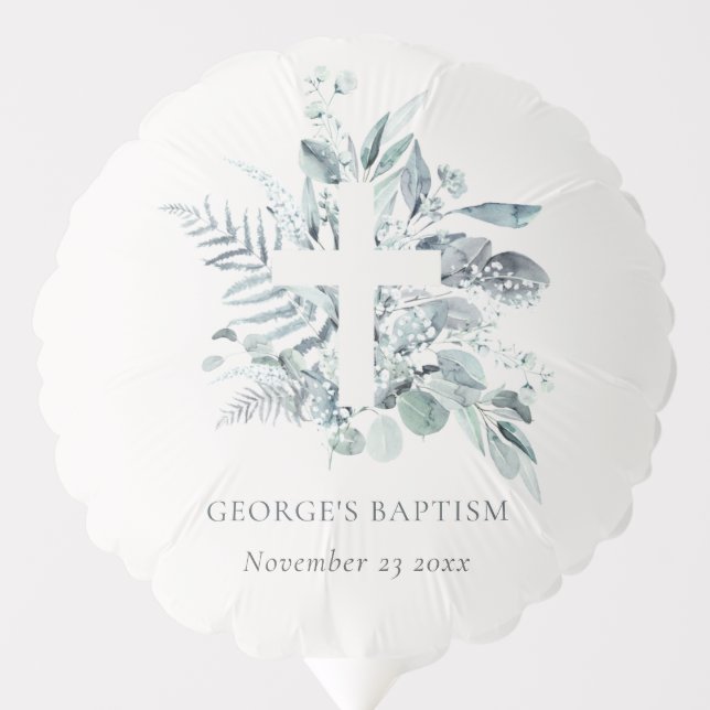 Dusky Blue Eucalyptus Fern Foliage Cross Baptism Balloon (Front)