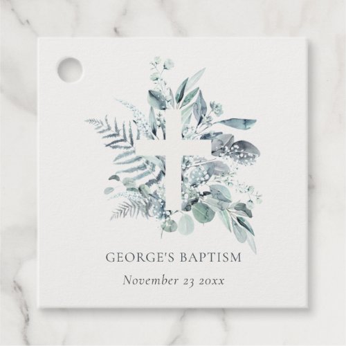 Dusky Blue Eucalyptus Fern Foliage Cross Baptism Favor Tags