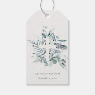 Dusky Blue Eucalyptus Fern Foliage Cross Baptism Gift Tags