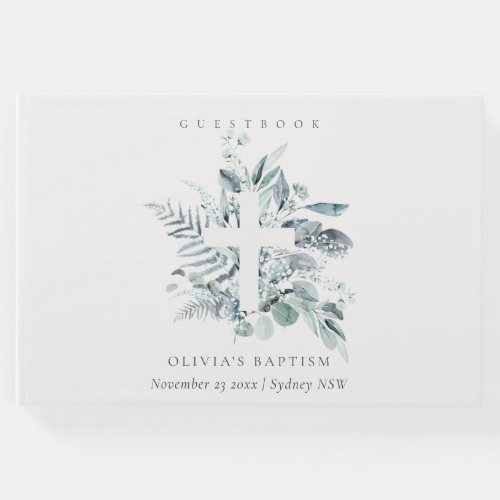 Dusky Blue Eucalyptus Fern Foliage Cross Baptism Guest Book