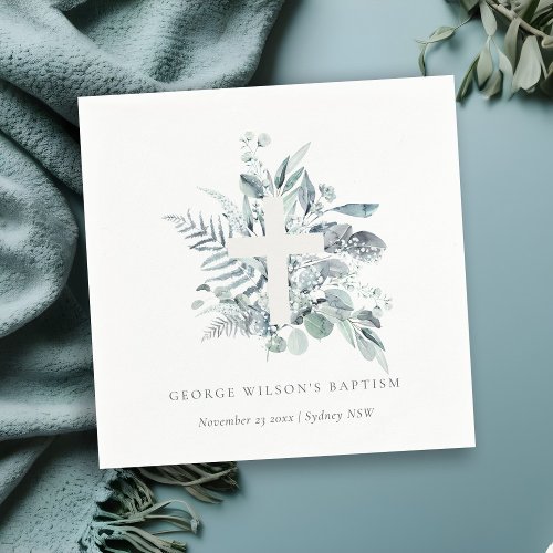 Dusky Blue Eucalyptus Fern Foliage Cross Baptism Napkins