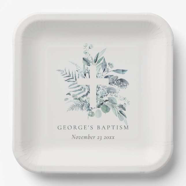 Dusky Blue Eucalyptus Fern Foliage Cross Baptism Paper Plates (Front)
