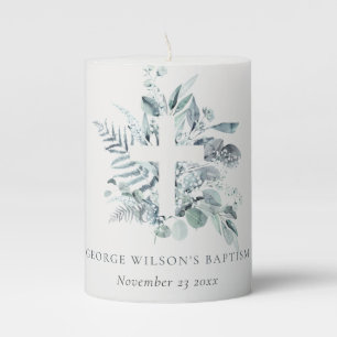 Dusky Blue Eucalyptus Fern Foliage Cross Baptism Pillar Candle
